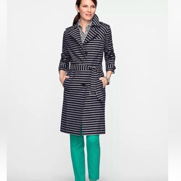 Talbots Navy White Stripe Trench size Medium Belted - Picture 10 of 10